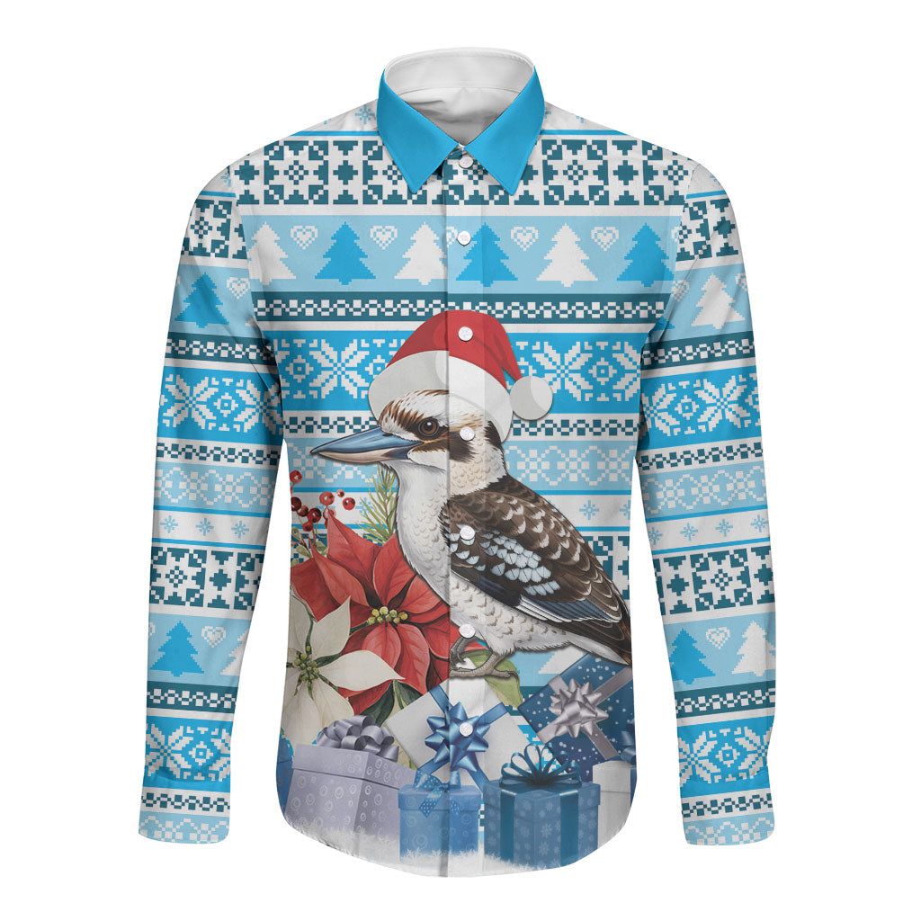 Australia Christmas In July Long Sleeve Button Shirt Kookaburra Santa Blue Color