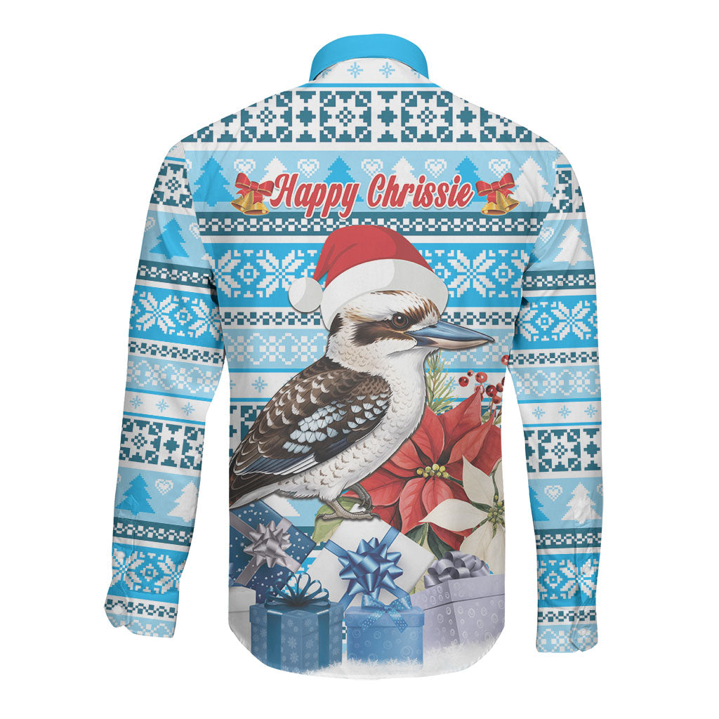 Australia Christmas In July Long Sleeve Button Shirt Kookaburra Santa Blue Color