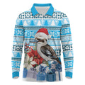 Australia Christmas In July Long Sleeve Polo Shirt Kookaburra Santa Blue Color