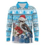Australia Christmas In July Long Sleeve Polo Shirt Kookaburra Santa Blue Color