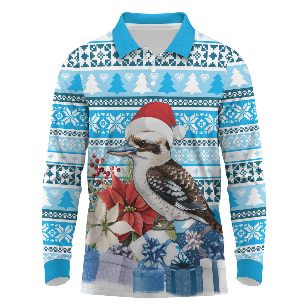 Australia Christmas In July Long Sleeve Polo Shirt Kookaburra Santa Blue Color