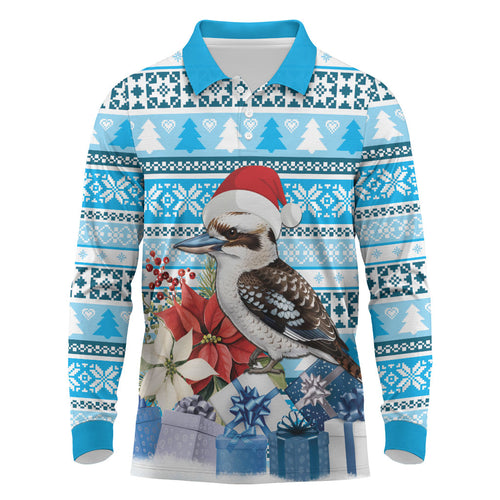 Australia Christmas In July Long Sleeve Polo Shirt Kookaburra Santa Blue Color