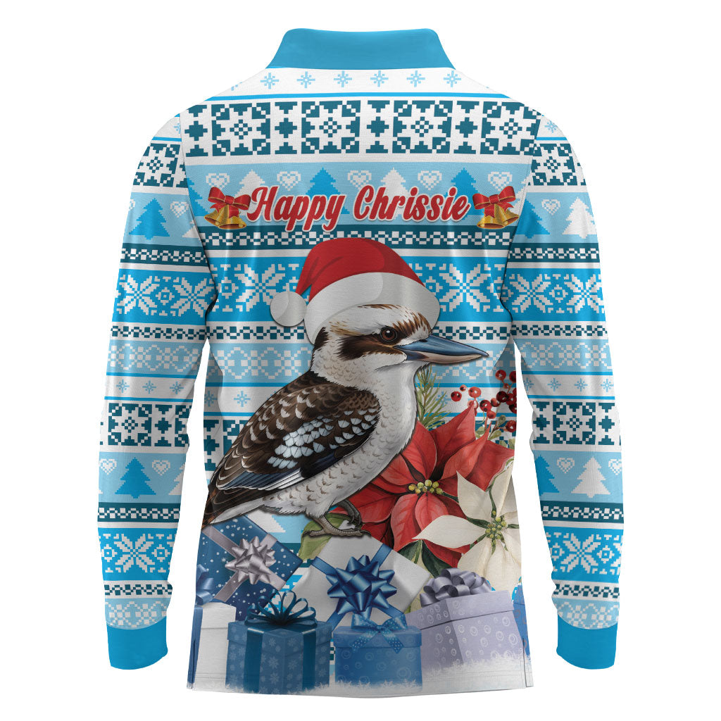 Australia Christmas In July Long Sleeve Polo Shirt Kookaburra Santa Blue Color