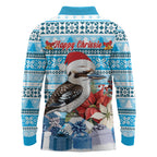 Australia Christmas In July Long Sleeve Polo Shirt Kookaburra Santa Blue Color