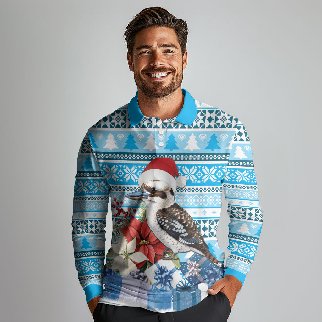 Australia Christmas In July Long Sleeve Polo Shirt Kookaburra Santa Blue Color