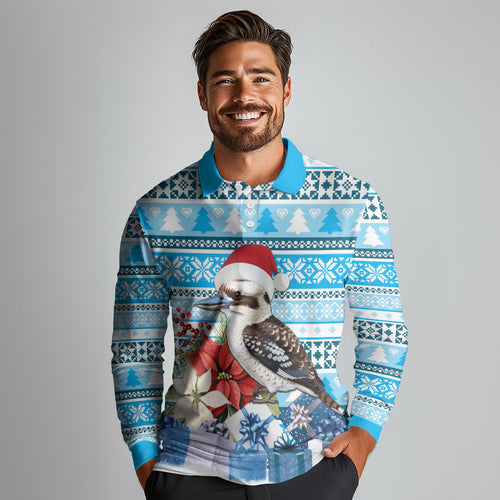 Australia Christmas In July Long Sleeve Polo Shirt Kookaburra Santa Blue Color