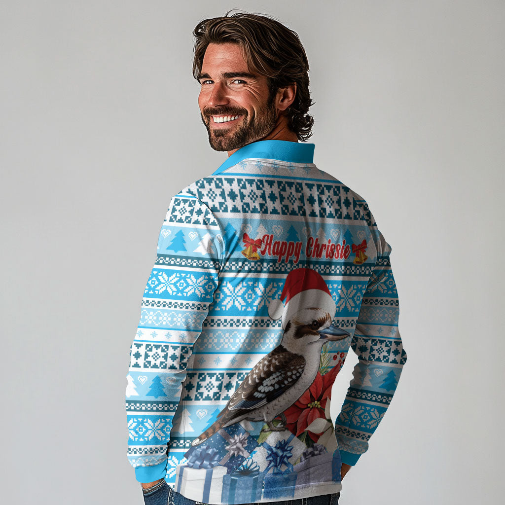 Australia Christmas In July Long Sleeve Polo Shirt Kookaburra Santa Blue Color