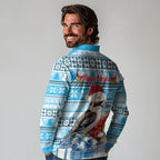 Australia Christmas In July Long Sleeve Polo Shirt Kookaburra Santa Blue Color