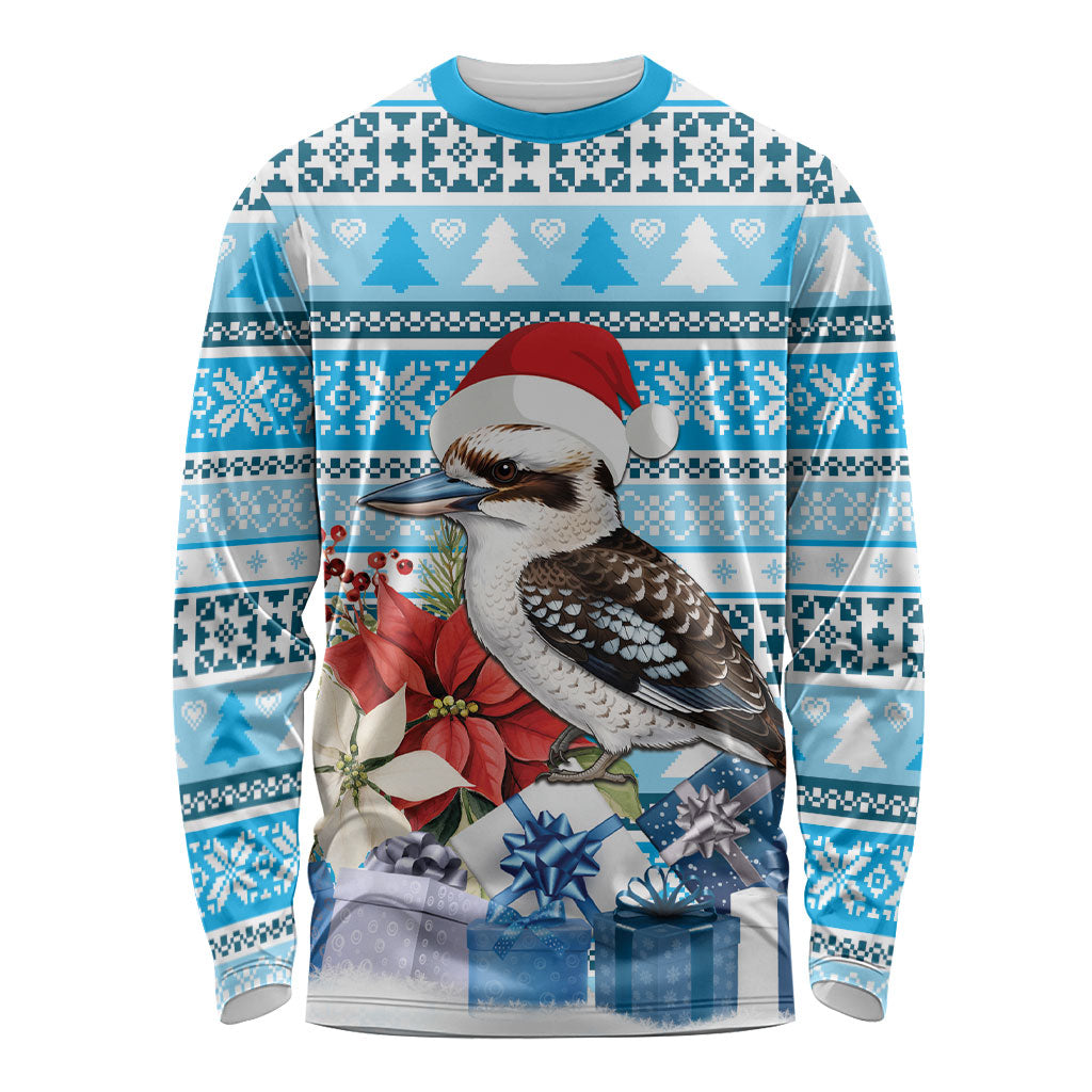 Australia Christmas In July Long Sleeve Shirt Kookaburra Santa Blue Color