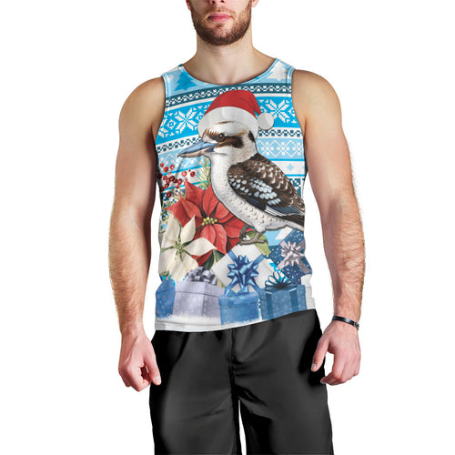 Australia Christmas In July Men Tank Top Kookaburra Santa Blue Color