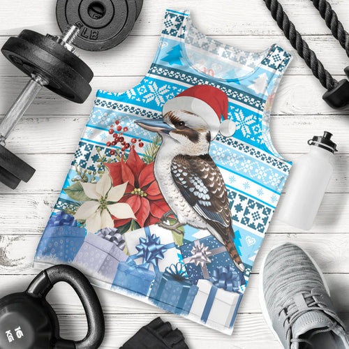 Australia Christmas In July Men Tank Top Kookaburra Santa Blue Color