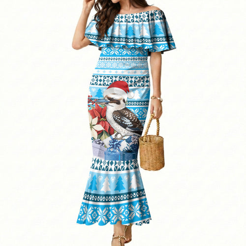 Australia Christmas In July Mermaid Dress Kookaburra Santa Blue Color