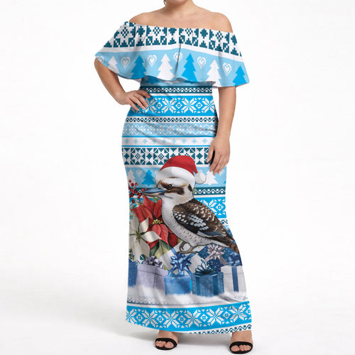Australia Christmas In July Off Shoulder Maxi Dress Kookaburra Santa Blue Color