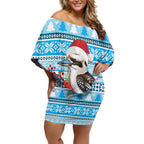 Australia Christmas In July Off Shoulder Short Dress Kookaburra Santa Blue Color