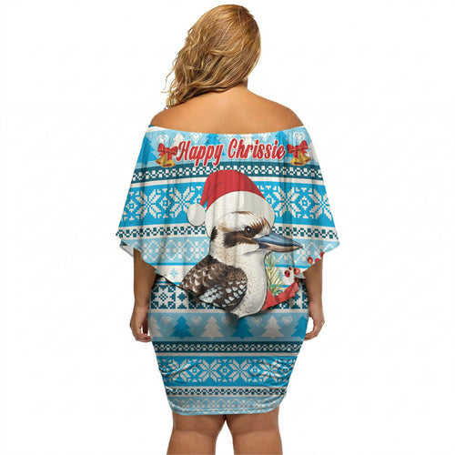 Australia Christmas In July Off Shoulder Short Dress Kookaburra Santa Blue Color