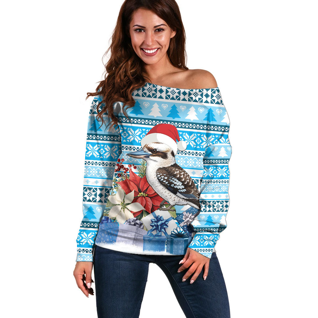 Australia Christmas In July Off Shoulder Sweater Kookaburra Santa Blue Color