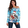 Australia Christmas In July Off Shoulder Sweater Kookaburra Santa Blue Color