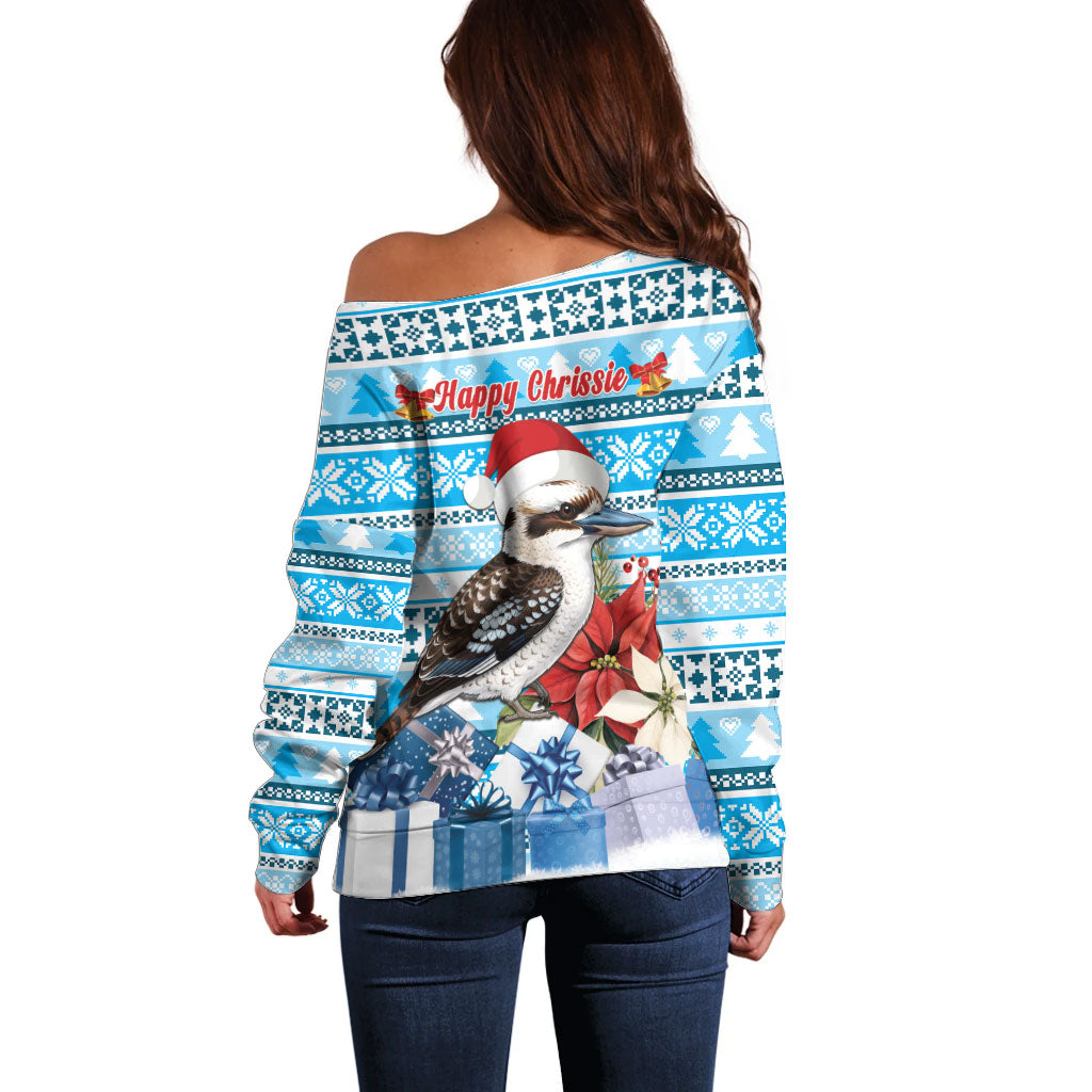 Australia Christmas In July Off Shoulder Sweater Kookaburra Santa Blue Color