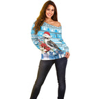 Australia Christmas In July Off Shoulder Sweater Kookaburra Santa Blue Color