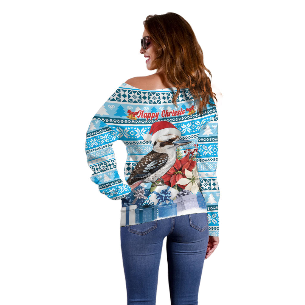 Australia Christmas In July Off Shoulder Sweater Kookaburra Santa Blue Color