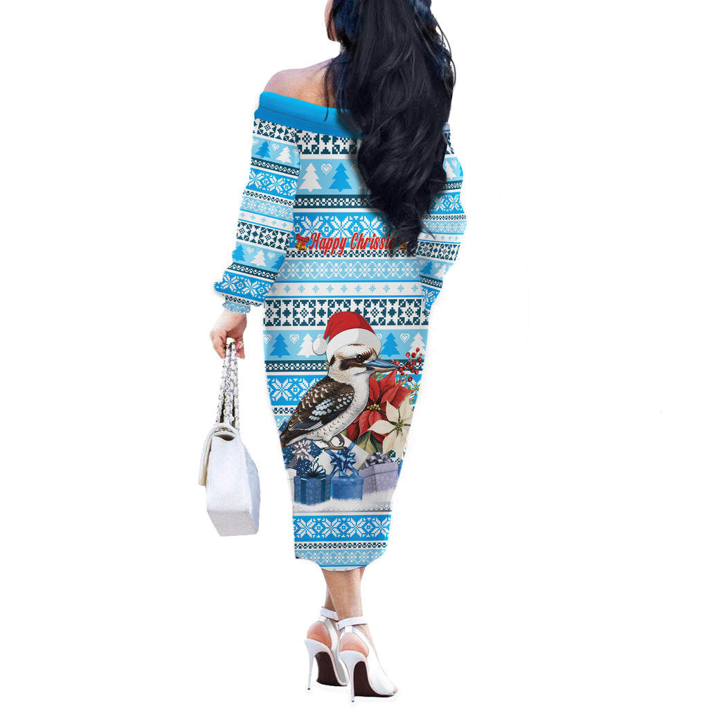 Australia Christmas In July Off The Shoulder Long Sleeve Dress Kookaburra Santa Blue Color