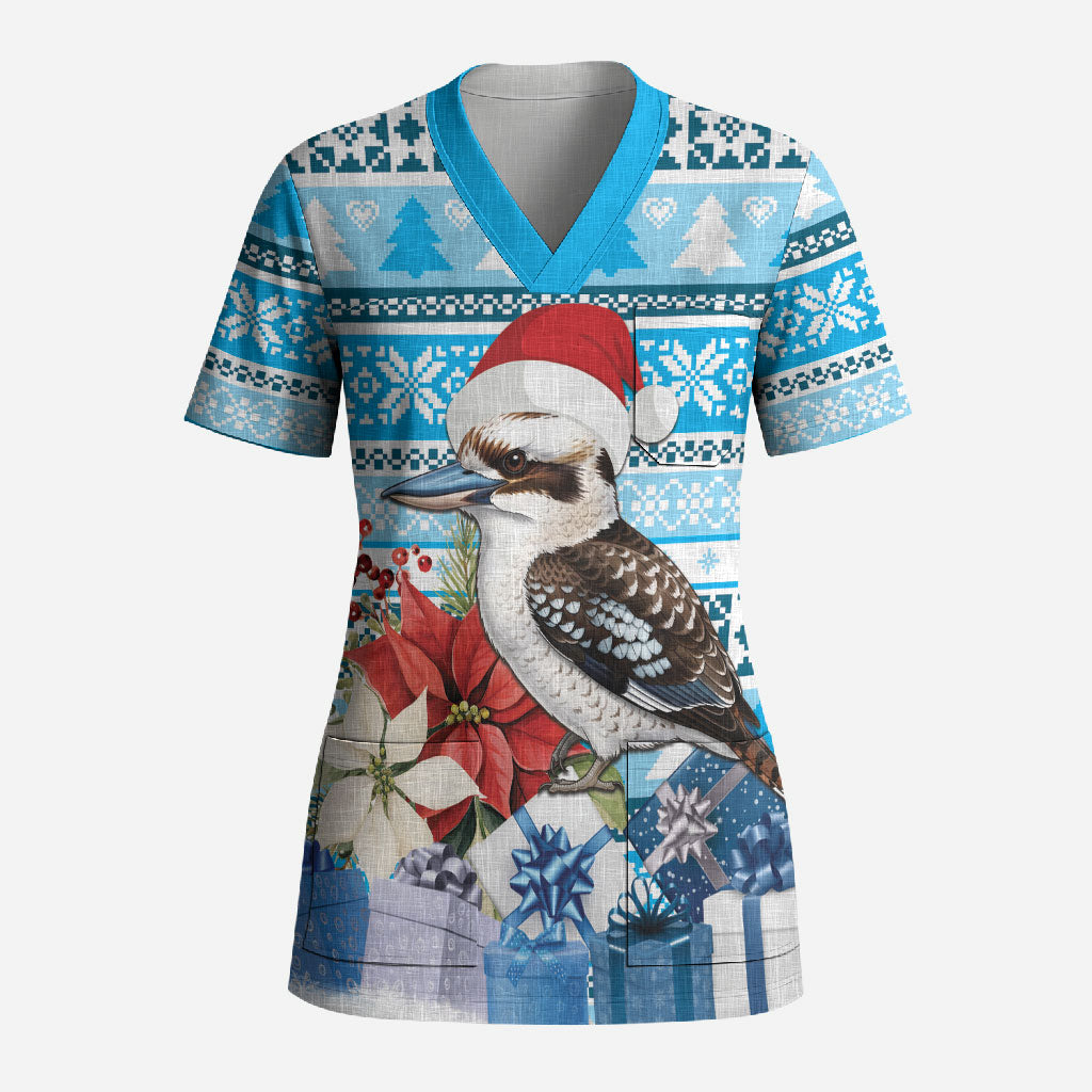 Australia Christmas In July Scrub Top Kookaburra Santa Blue Color