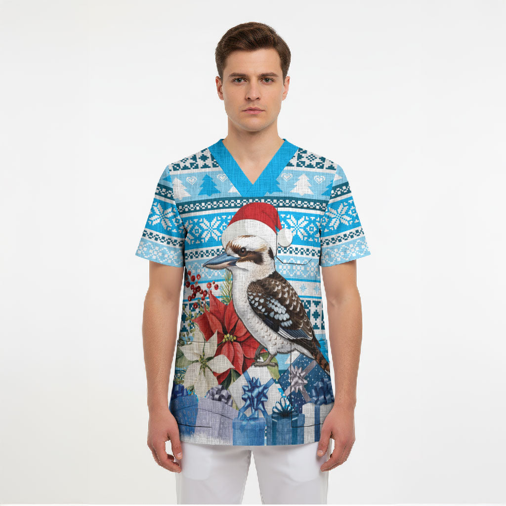 Australia Christmas In July Scrub Top Kookaburra Santa Blue Color