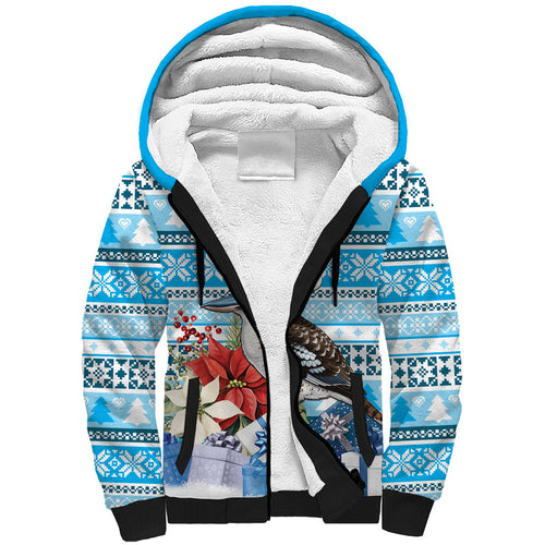 Australia Christmas In July Sherpa Hoodie Kookaburra Santa Blue Color