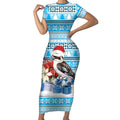 Australia Christmas In July Short Sleeve Bodycon Dress Kookaburra Santa Blue Color