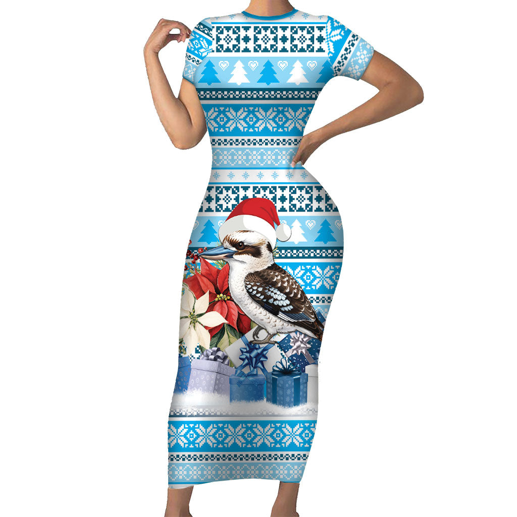 Australia Christmas In July Short Sleeve Bodycon Dress Kookaburra Santa Blue Color