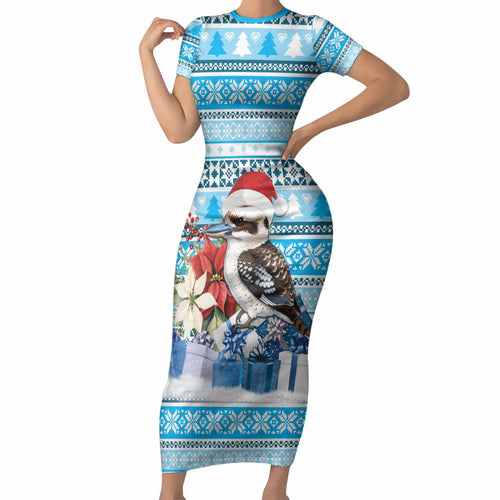 Australia Christmas In July Short Sleeve Bodycon Dress Kookaburra Santa Blue Color