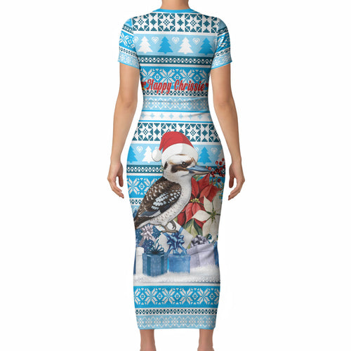 Australia Christmas In July Short Sleeve Bodycon Dress Kookaburra Santa Blue Color