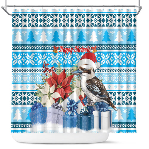 Australia Christmas In July Shower Curtain Kookaburra Santa Blue Color