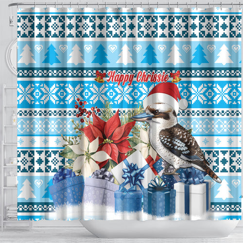 Australia Christmas In July Shower Curtain Kookaburra Santa Blue Color