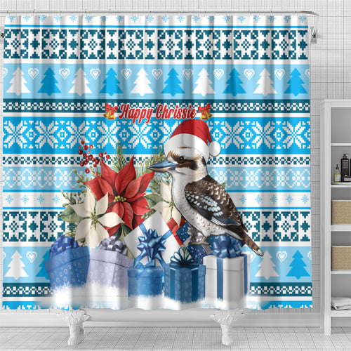Australia Christmas In July Shower Curtain Kookaburra Santa Blue Color