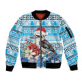Australia Christmas In July Sleeve Zip Bomber Jacket Kookaburra Santa Blue Color