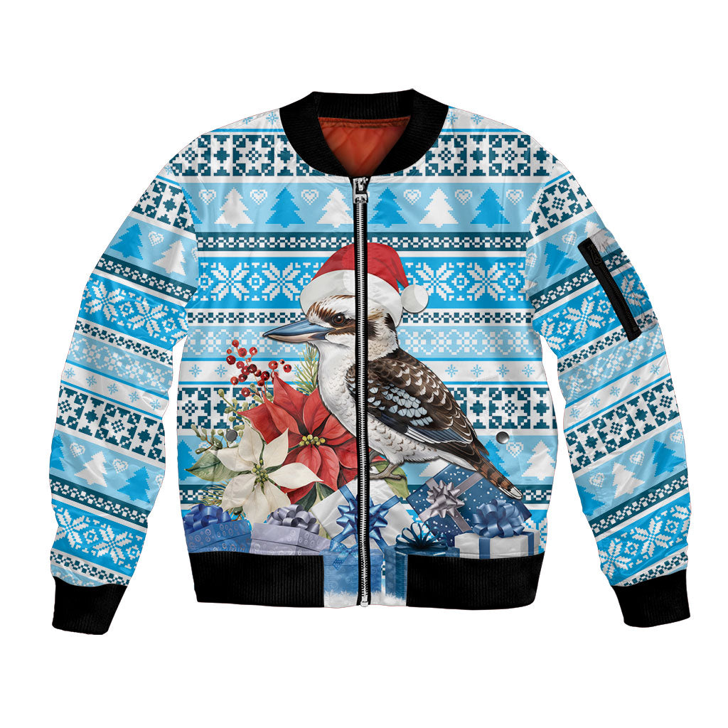 Australia Christmas In July Sleeve Zip Bomber Jacket Kookaburra Santa Blue Color