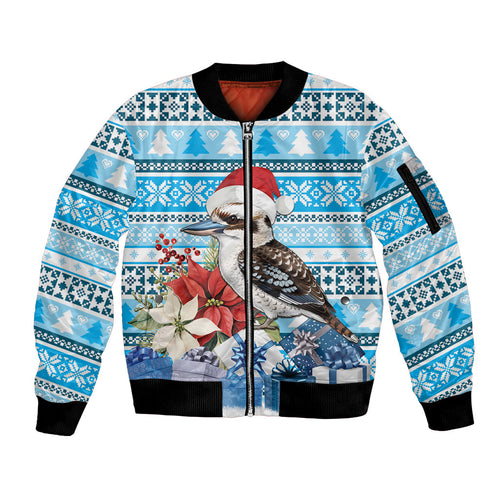 Australia Christmas In July Sleeve Zip Bomber Jacket Kookaburra Santa Blue Color