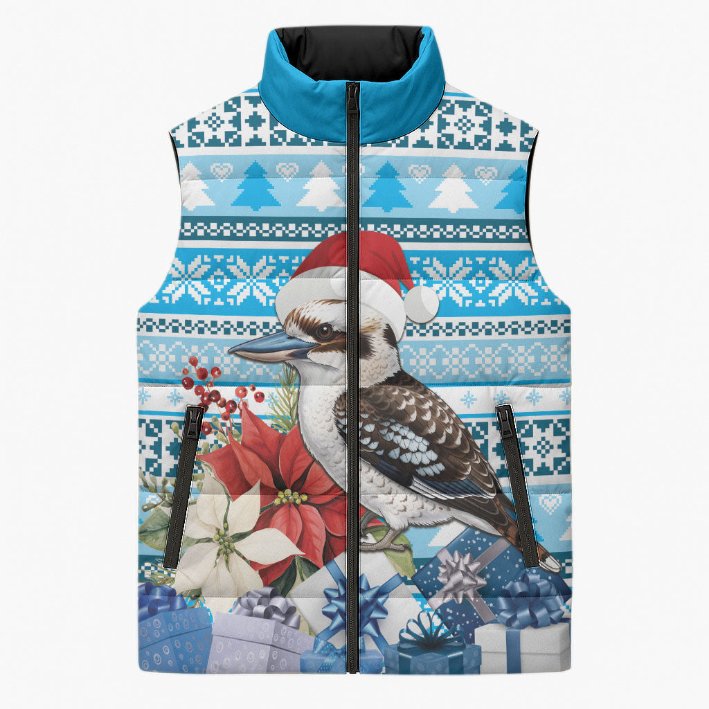 Australia Christmas In July Sleeveless Puffer Jacket Kookaburra Santa Blue Color