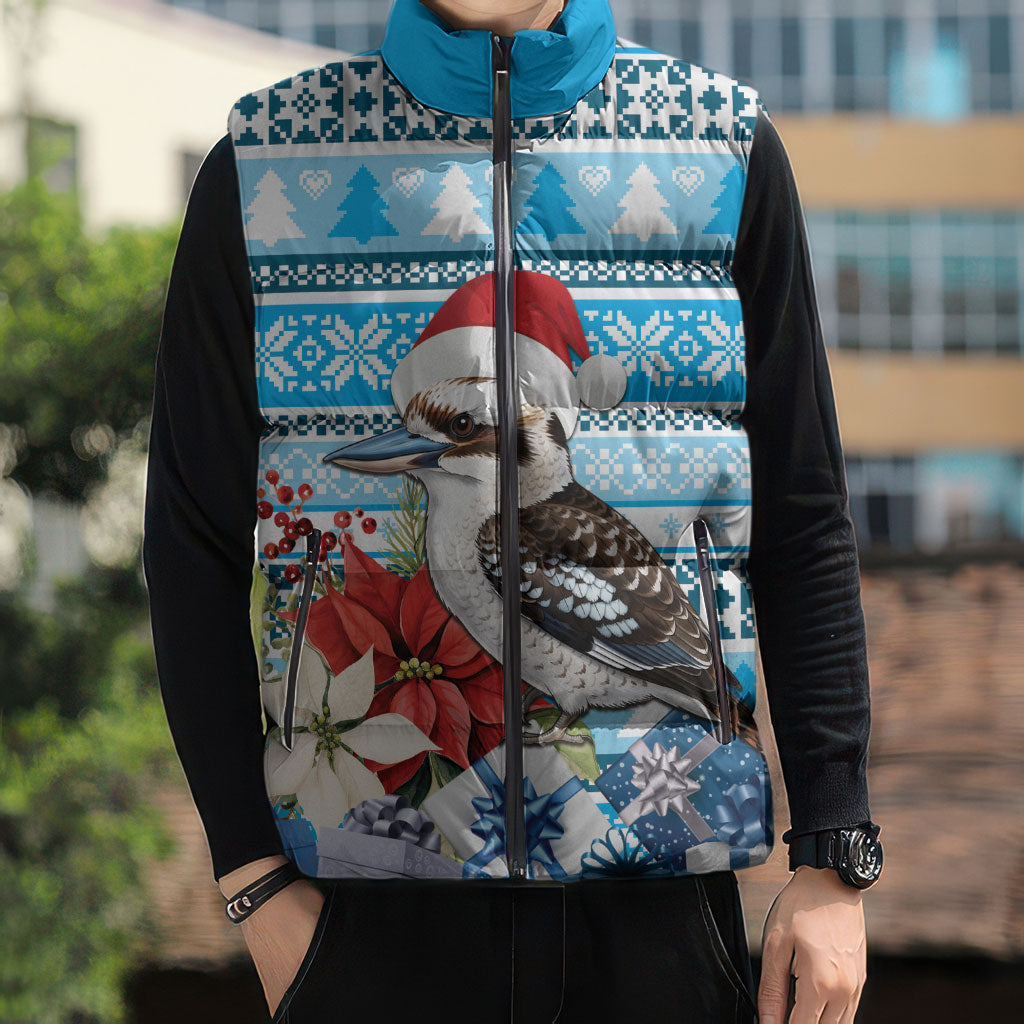 Australia Christmas In July Sleeveless Puffer Jacket Kookaburra Santa Blue Color