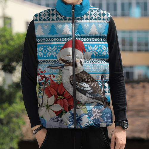 Australia Christmas In July Sleeveless Puffer Jacket Kookaburra Santa Blue Color