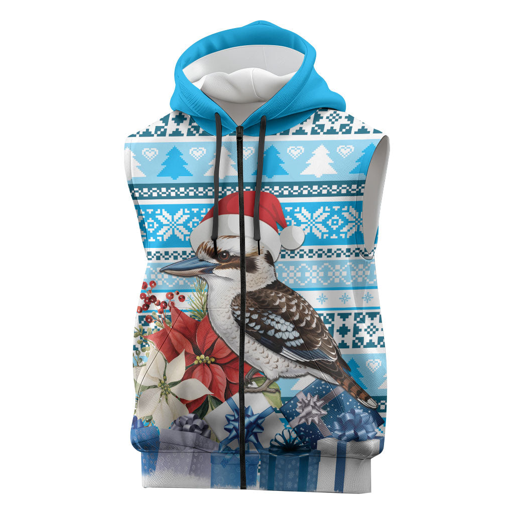 Australia Christmas In July Sleeveless Zip Hoodie Kookaburra Santa Blue Color