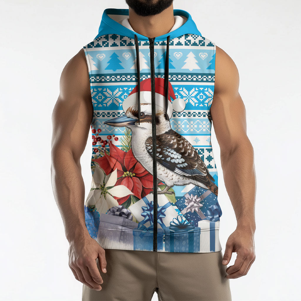 Australia Christmas In July Sleeveless Zip Hoodie Kookaburra Santa Blue Color