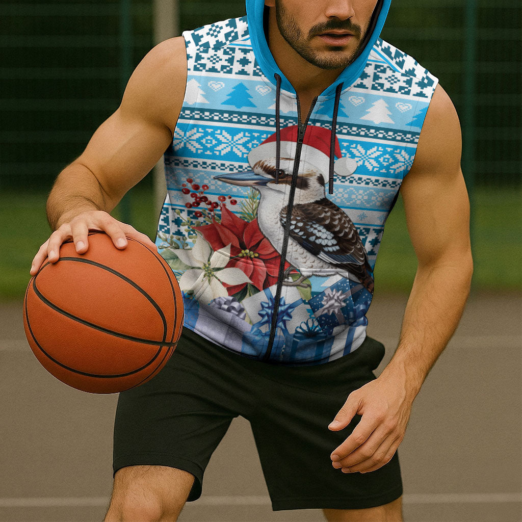 Australia Christmas In July Sleeveless Zip Hoodie Kookaburra Santa Blue Color