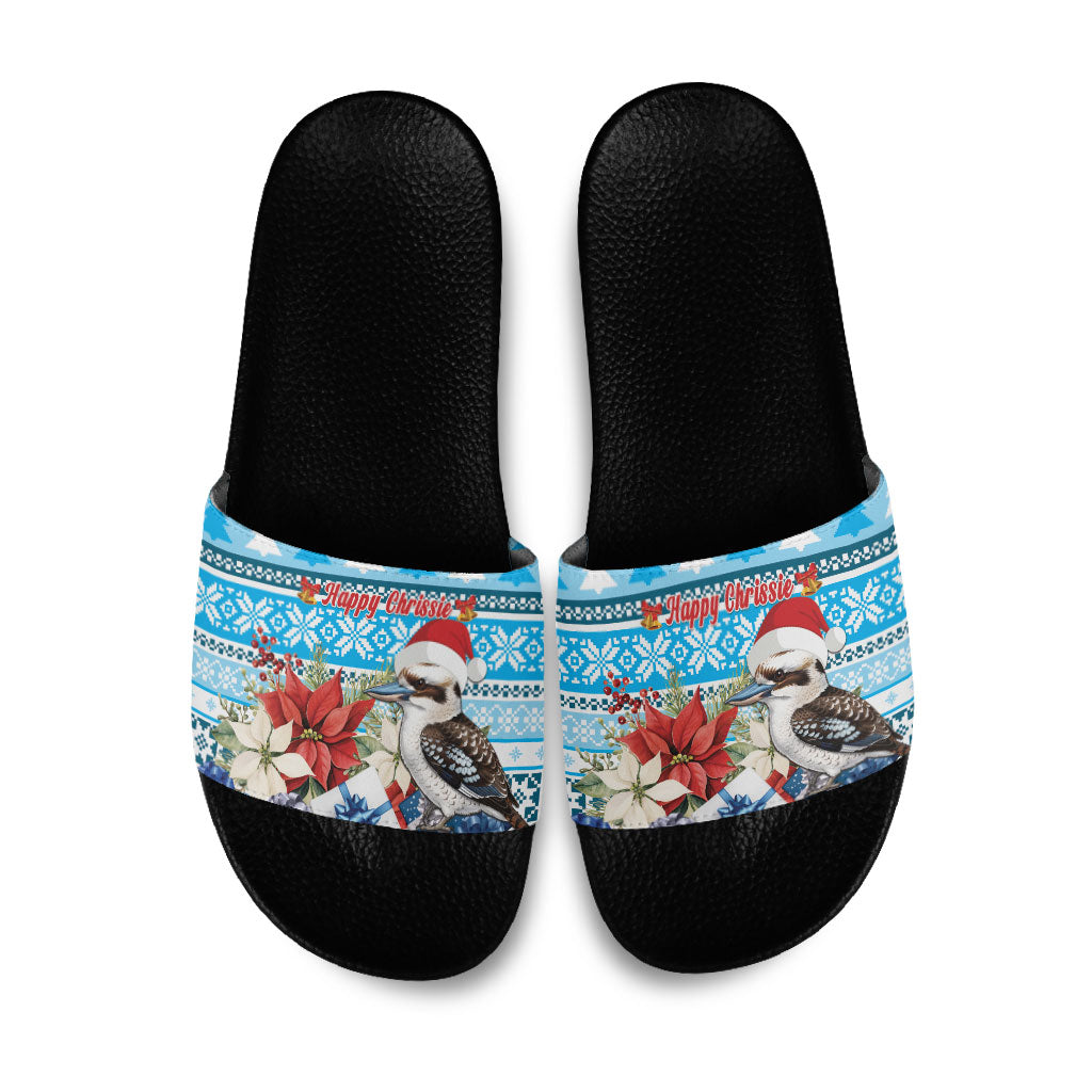 Australia Christmas In July Slide Sandals Kookaburra Santa Blue Color