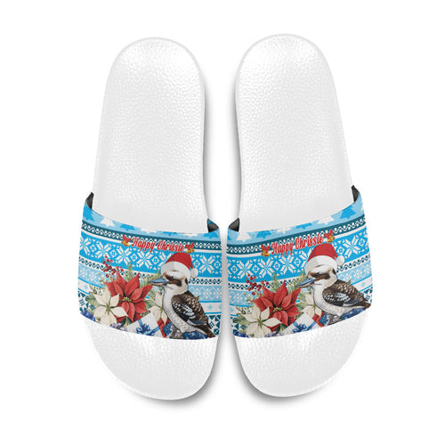 Australia Christmas In July Slide Sandals Kookaburra Santa Blue Color