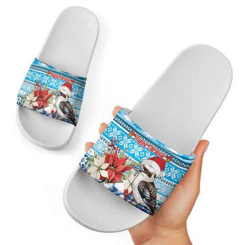 Australia Christmas In July Slide Sandals Kookaburra Santa Blue Color
