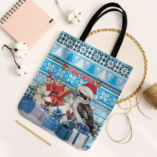 Australia Christmas In July Tote Bag Kookaburra Santa Blue Color