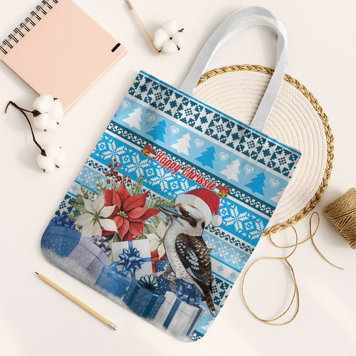 Australia Christmas In July Tote Bag Kookaburra Santa Blue Color