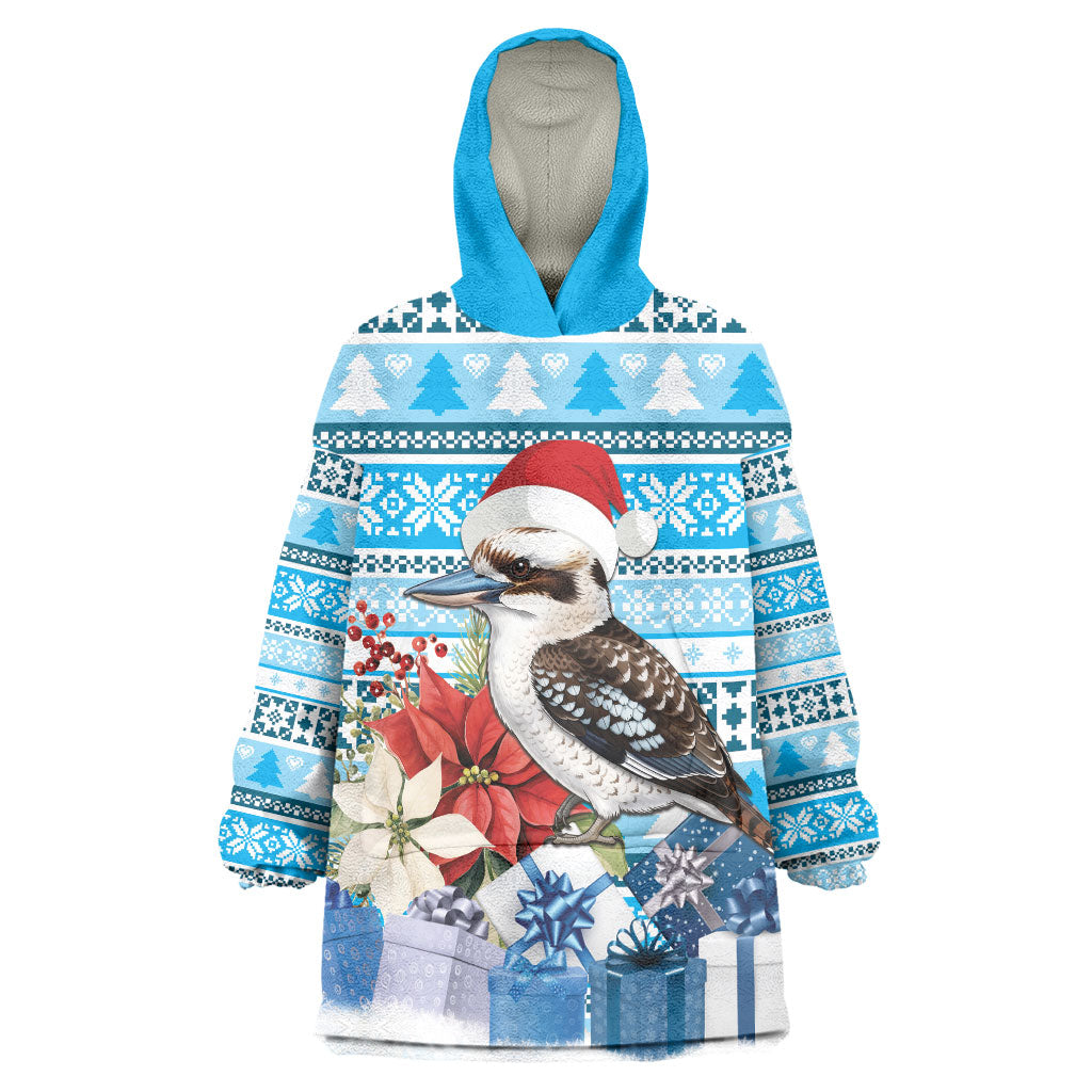 Australia Christmas In July Wearable Blanket Hoodie Kookaburra Santa Blue Color